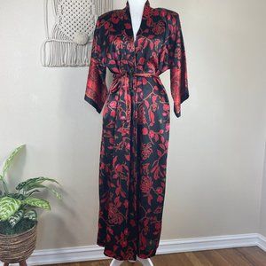 California Dynasty vintage black red floral oriental inspired wide sleeve robe S